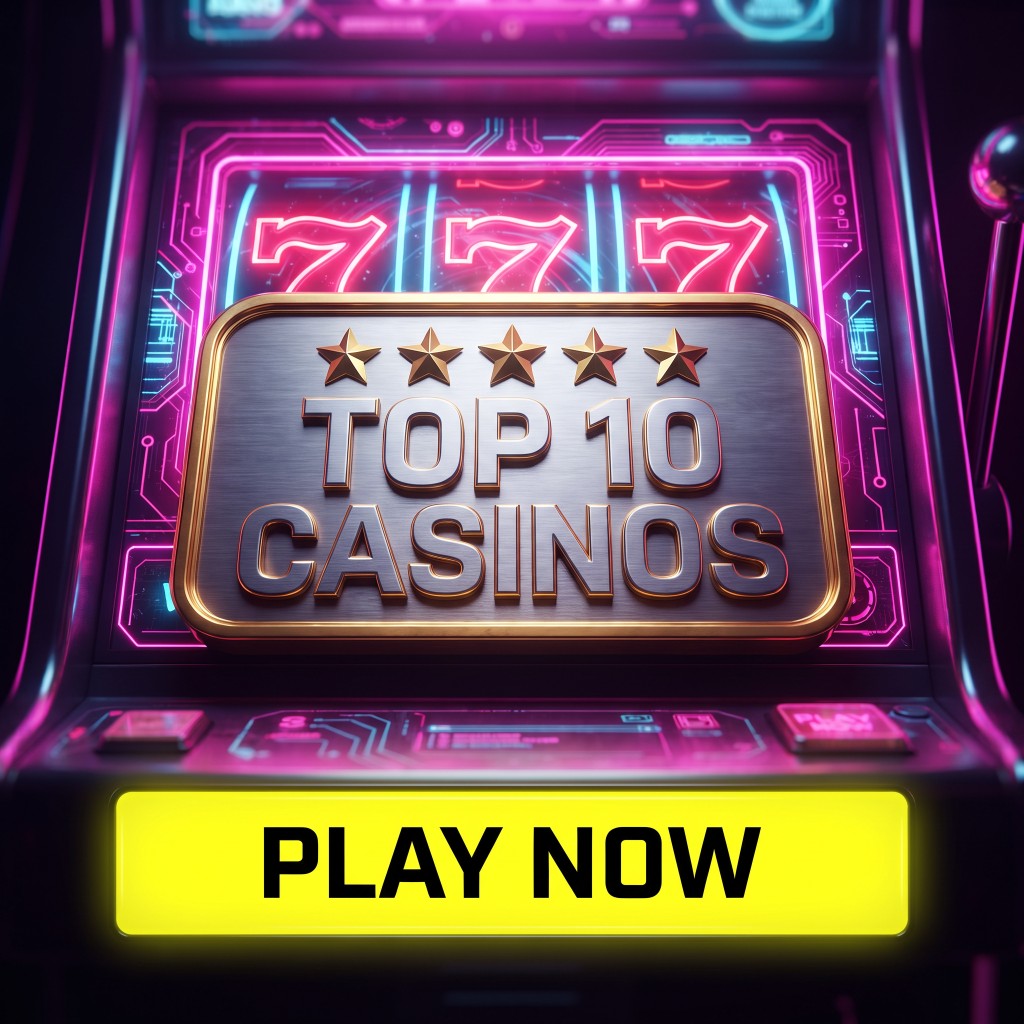 Neon slot machine showing 777 with a TOP 10 CASINOS plaque and PLAY NOW button